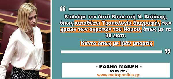 Ραχήλ Μακρή: «Καλούμε τον δοτό Βουλευτή Ν. Κοζάνης, όπως καταθέσει Τροπολογία διαγραφής των χρεών των αγροτών του Νομού, όπως με τα 38 εκατ. Κάντο όπως με Ιβάν μπορείς»
