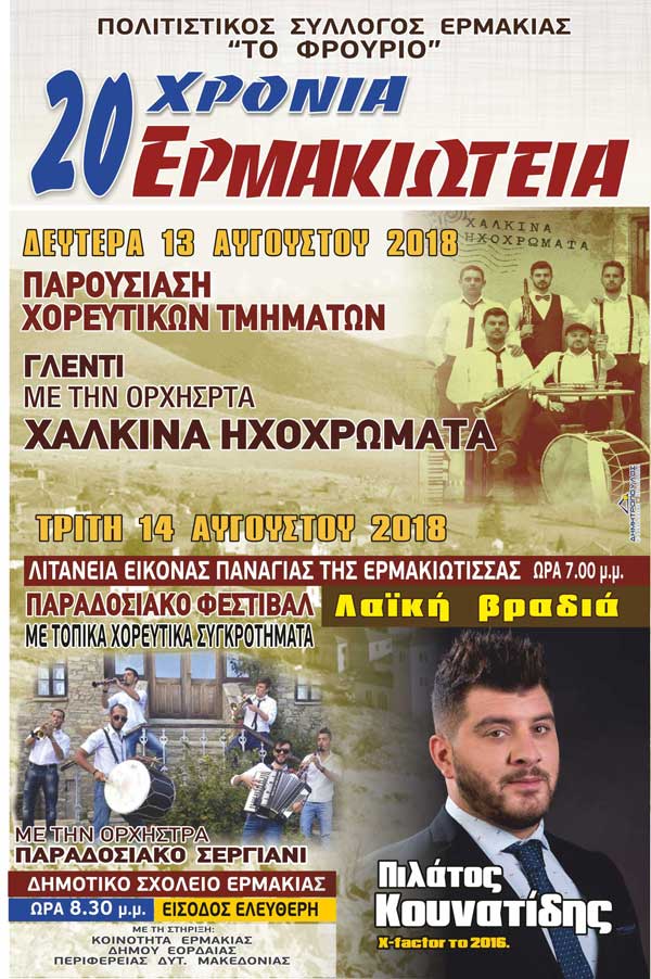 Στις 13 και 14 Αυγούστου το διήμερο Πολιτιστικών Εκδηλώσεων “20α Ερμακιώτεια”
