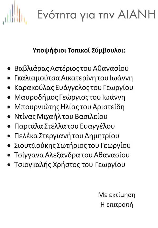 Υποψήφιοι Τοπικοί Σύμβουλοι «Ενότητα για την Αιανή»