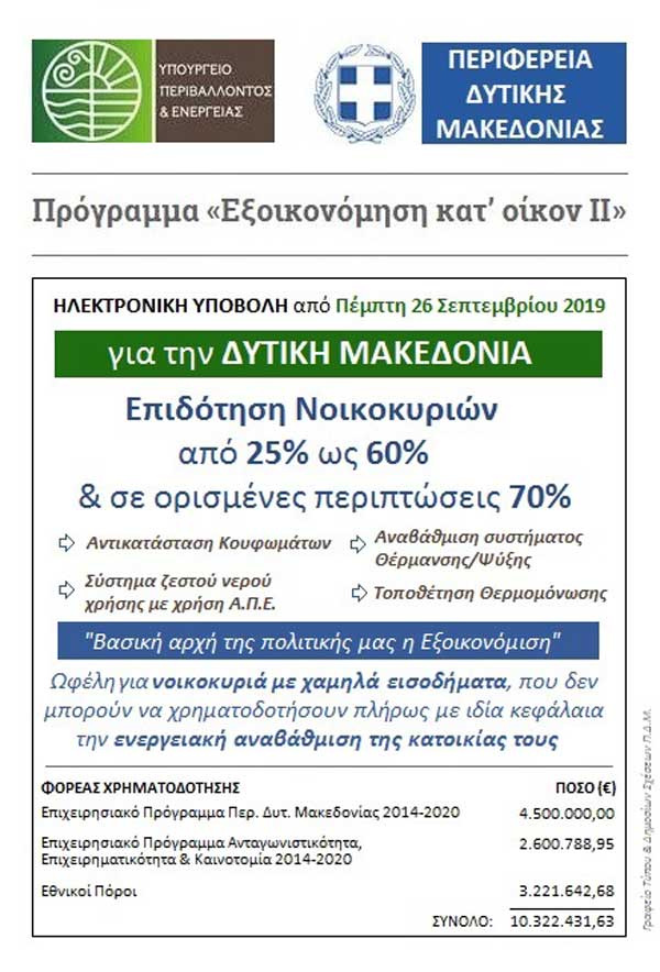 Εξοικονόμηση κατ’ οίκον ΙΙ: Ανοίγει την Πέμπτη 26 Σεπτεμβρίου η πλατφόρμα για την ηλεκτρονική υποβολή αιτήσεων για τη Δυτική Μακεδονία