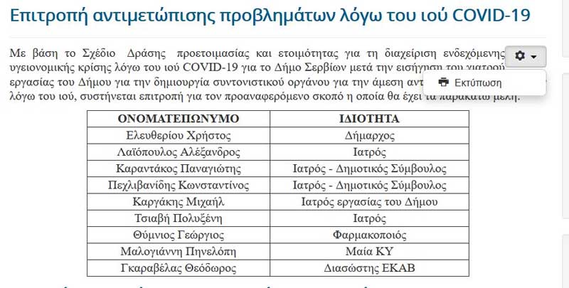 Δημιουργία συντονιστικού στο Δήμο Σερβίων για την αντιμετώπιση προβλημάτων λόγω του ιού