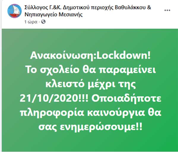 Σύλλογος Γ.&Κ. Δημοτικού περιοχής Βαθυλάκκου & Νηπιαγωγείο Μεσιανής: “Το σχολείο θα παραμείνει κλειστό μέχρι της 21/10/2020”