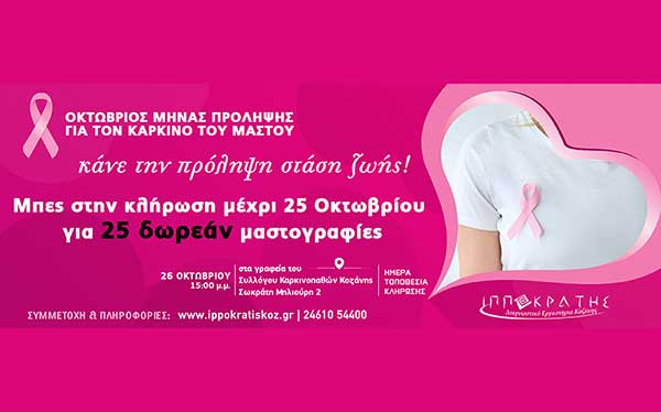 Πραγματοποιήθηκε η κλήρωση για τις 25 δωρεάν μαστογραφίες από το Διαγνωστικό Κέντρο Ιπποκράτης Κοζάνης Α.Ε. – Δείτε αν κερδίσατε