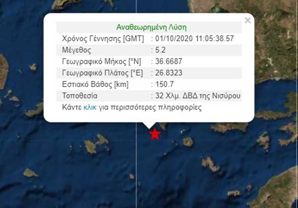 Σεισμός 5,2 Ρίχτερ κοντά στη Νίσυρο