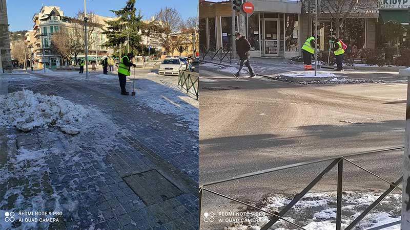 Οι υπάλληλοι του Δήμου Κοζάνης αφαιρούν τον πάγο από πλατείες και πεζοδρόμια