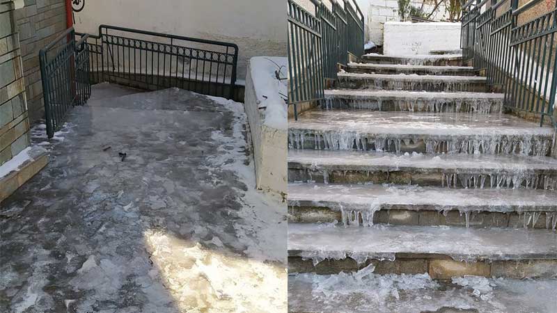 Ένα επικίνδυνο σημείο της πόλης με στρώμα πάγου