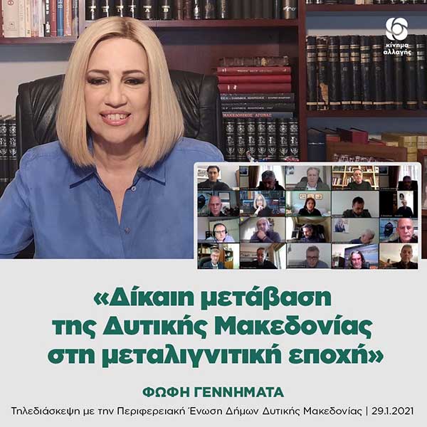 Τηλεδιάσκεψη της Προέδρου του Κινήματος Αλλαγής Φώφης Γεννηματά με την Περιφερειακή Ένωση Δήμων Δυτικής Μακεδονίας