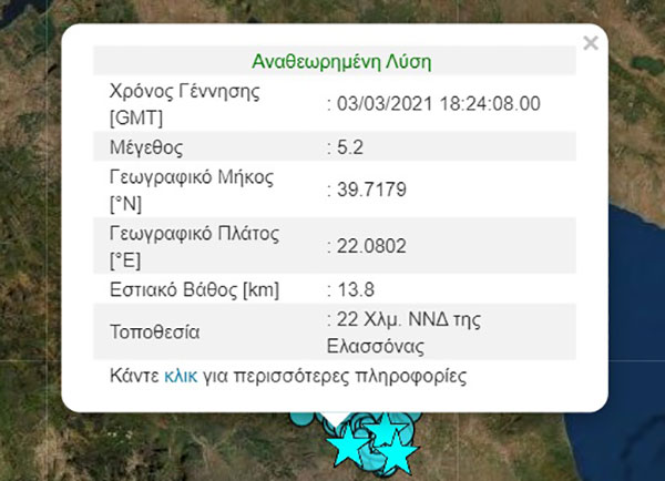 Ισχυρή μετασεισμική δόνηση μεγέθους 5,2 Ρίχτερ στην Ελασσόνα λίγο μετά τις 20:00
