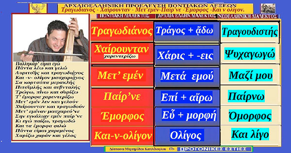 Λέξεις και φράσεις τη ποντιακής διαλέκτου με αρχαιοελληνικές ρίζες Τραγωδι͜άνος , Χͮαίρουνταν, Μετ’ εμέν , Παίρ’νε , Έμορφος , Και -ν- ολίγον., – Της Δέσποινας Μιχαηλίδου Καπλάνογλου