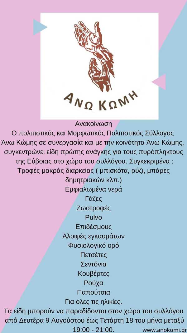 Άνω Κώμη:Συγκέντρωση ειδών πρώτης ανάγκης για τους πυρόπληκτους