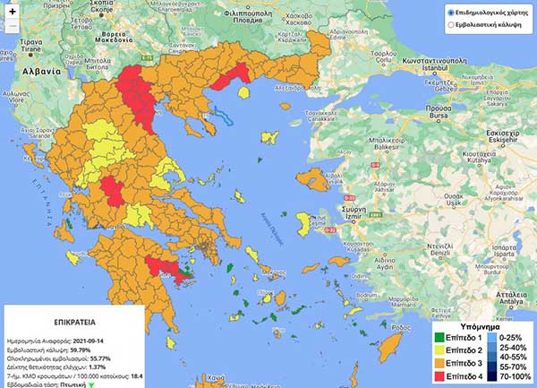 Στο επίπεδο 4 του Επιδημιολογικού Χάρτη της χώρας Καβάλα, Ημαθία, Πιερία και Πέλλα – Παρατείνεται η ισχύς των ειδικών μέτρων σε Ευρυτανία και Αργολίδα