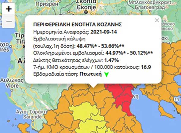 Στο επίπεδο 3, στο πορτοκαλί η Π.Ε. Κοζάνης – Στο κόκκινο Πέλλα, Ημαθία και Πιερία