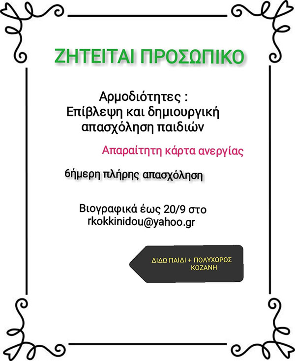 Ζητείται προσωπικό από το Διδώ, παιδί και Πολυχώρος