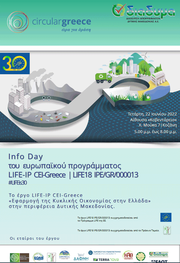 Info Day: Το ευρωπαϊκό πρόγραμμα LIFE-IP CEI-Greece «Εφαρμογή της Κυκλικής Οικονομίας στην Ελλάδα» στην Κοζάνη την Τετάρτη 22 Ιουνίου