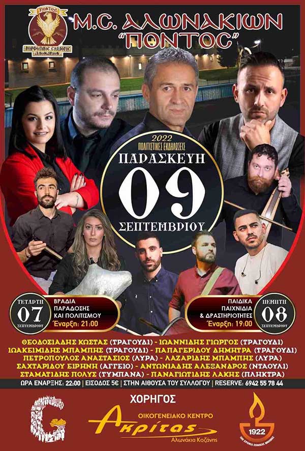Τριήμερες εκδηλώσεις του Μορφωτικού Συλλόγου Αλωνακίων «Πόντος» 7-9 Σεπτεμβρίου