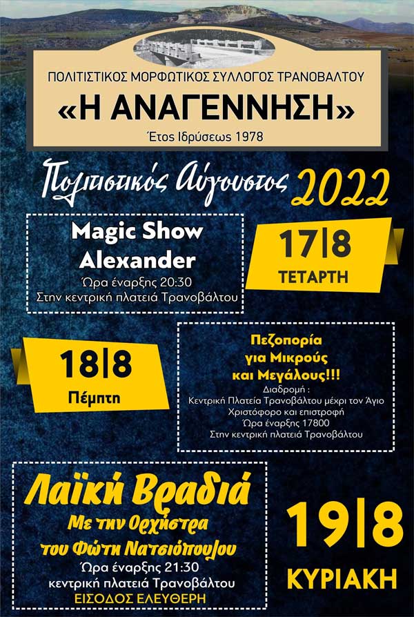Πολιτιστικός Σύλλογος Τρανοβάλτου “Η Αναγέννηση“: Πρόγραμμα τριήμερων εκδηλώσεων