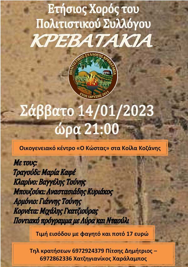 Το Σάββατο 14/1 ο ετήσιος χορός του Πολιτιστικού Συλλόγου “Κρεβατάκια’