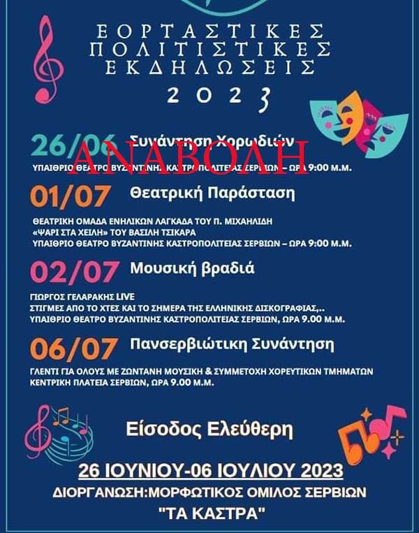 Μορφωτικός Όμιλος Σερβίων «Τα Κάστρα»: Αναβολή της σημερινής εκδήλωσης λόγω εκτάκτων προβλημάτων