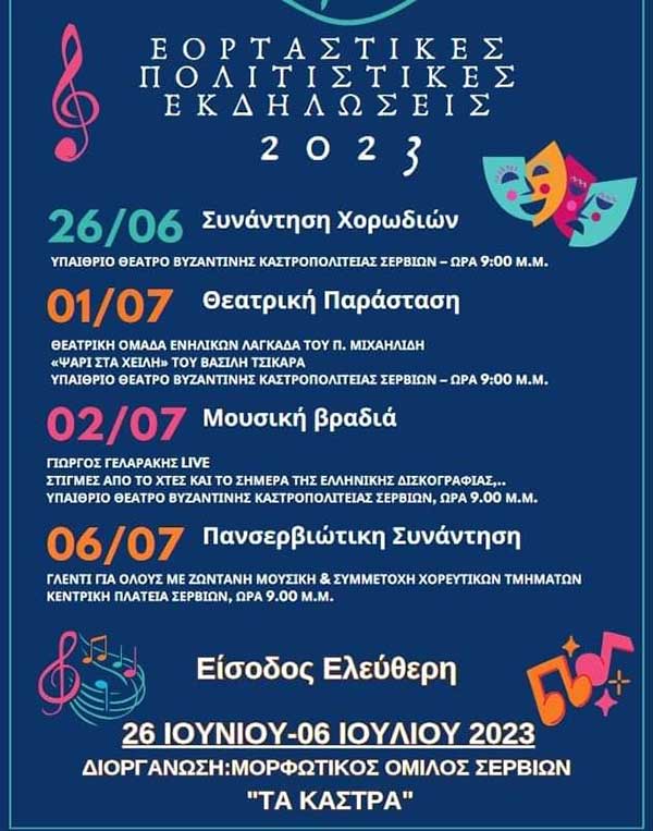 Μορφωτικός Όμιλος Σερβίων “Τα Κάστρα”: Εορταστικές- πολιτιστικές εκδηλώσεις από 26 Ιουνίου έως 6 Ιουλίου