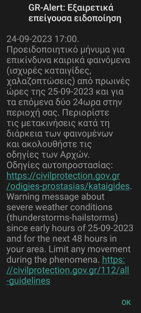 Προειδοποιητικό μήνυμα από την Πολιτική Προστασία για επικίνδυνα καιρικά φαινόμενα