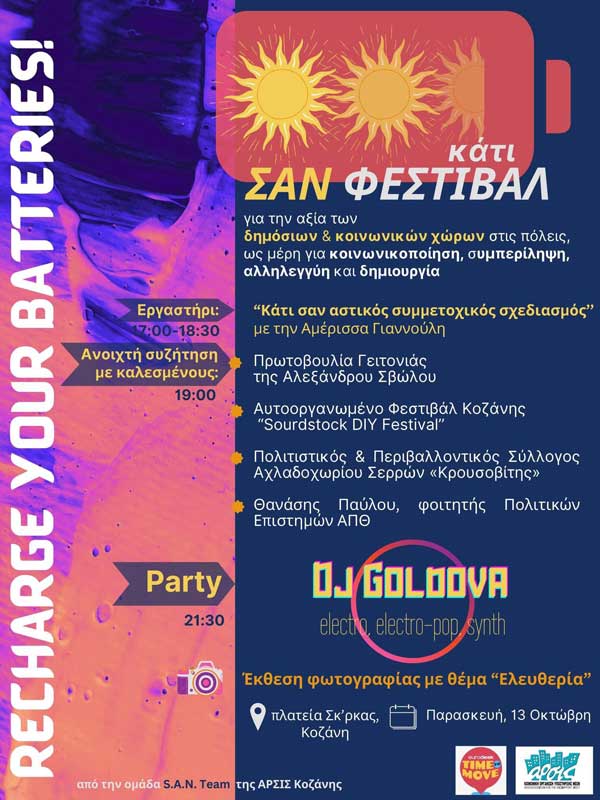 Το πρόγραμμα του φεστιβάλ «Recharge your Batteries», που διοργανώνει η ομάδα Street Art in the Neighborhoods, της ΑΡΣΙΣ Κοζάνης
