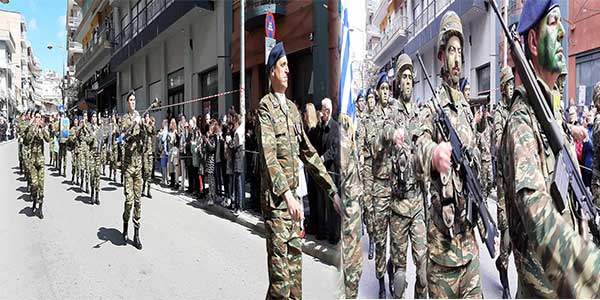 Η στρατιωτική μπάντα και η παρέλαση του στρατού στην παρέλαση της 25ης Μαρτίου