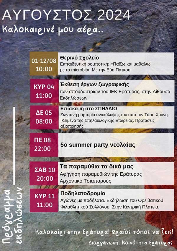 Κοινότητα Εράτυρας: Το πρόγραμμα των εκδηλώσεων του Αυγούστου 2024