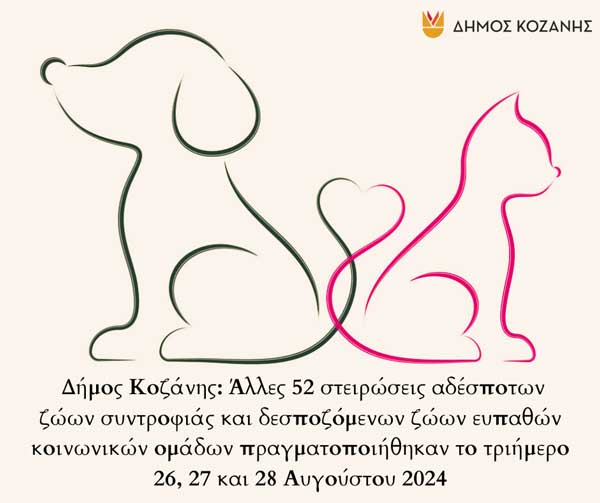 Δήμος Κοζάνης: Άλλες 52 στειρώσεις αδέσποτων ζώων συντροφιάς και δεσποζόμενων ζώων ευπαθών κοινωνικών ομάδων