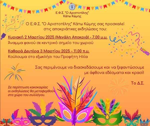 Οι αποκριάτικες εκδηλώσεις στην Κάτω Κώμη