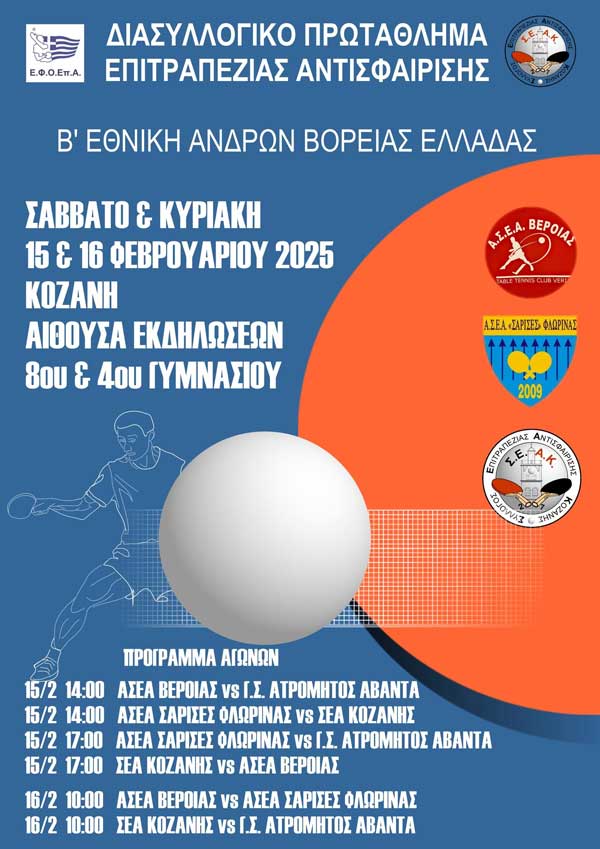 ΣΕΑ Κοζάνης ping pong: Αγώνες Β΄Εθνικής το Σαββατοκύριακο 15 & 16 Φεβρουαρίου