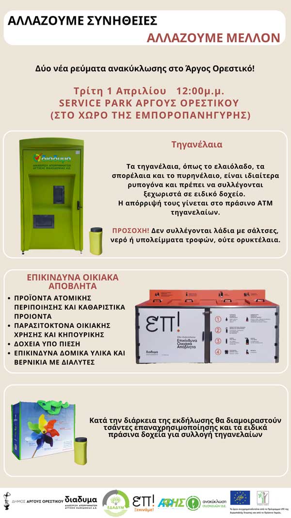 Ενημερωτική εκδήλωση για τον κάδο ΕΟΑ και το ATM Τηγανέλαιων στον Δήμο Άργους Ορεστικού από τη ΔΙΑΔΥΜΑ