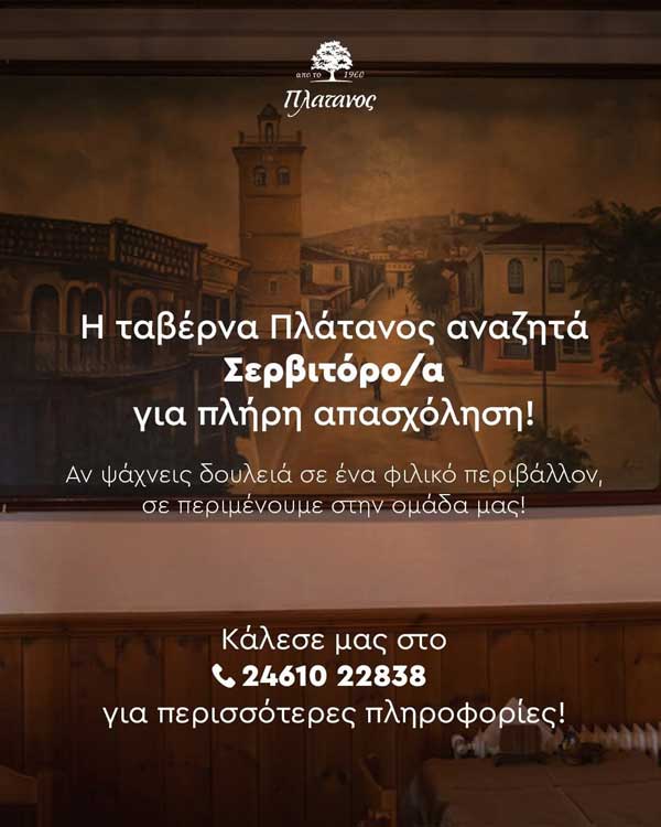 Η ταβέρνα “Πλάτανος” αναζητά σερβιτόρο/α