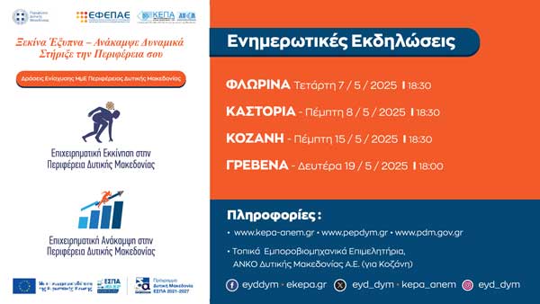 Ενημερωτικές εκδηλώσεις για τις δράσεις “Επιχειρηματική Εκκίνηση” και “Επιχειρηματική Ανάκαμψη” του Προγράμματος ΕΣΠΑ «Δυτική Μακεδονία» 2021-2027