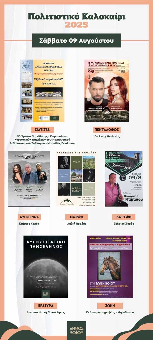 Δήμος Βοΐου: Πολιτιστικό καλοκαίρι-Σάββατο 9 Αυγούστου