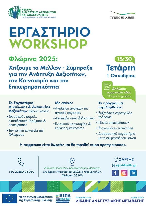 Εργαστήριο – Workshop: Φλώρινα 2025: Χτίζουμε το Μέλλον – Σύμπραξη για την Ανάπτυξη Δεξιοτήτων, την Καινοτομία και την Επιχειρηματικότητα