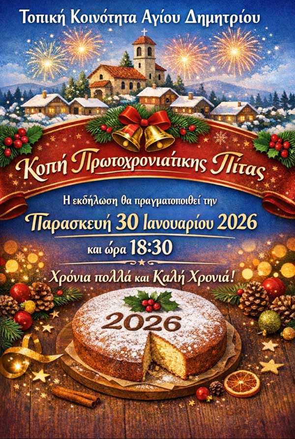 Την Παρασκευή 30 Ιανουαρίου η κοπή βασιλόπιτας της Τοπικής Κοινότητας Αγίου Δημητρίου
