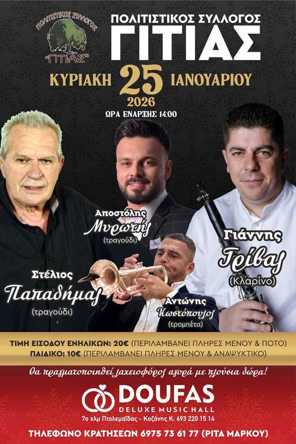 Την Κυριακή 25 Ιανουαρίου ο ετήσιος χορός του εκπολιτιστικού συλλόγου Κοζάνης «Η Γιτιά»