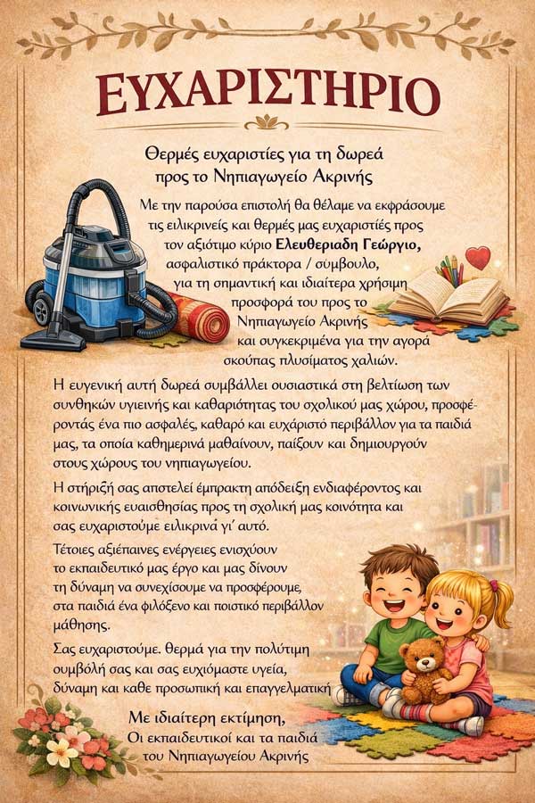 Ευχαριστήριο του Νηπιαγωγείου Ακρινής
