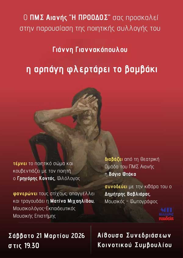 Παρουσίαση της ποιητικής συλλογής του Γιάννη Γιαννακόπουλου το Σάββατο 21 Μαρτίου στην Αιανή
