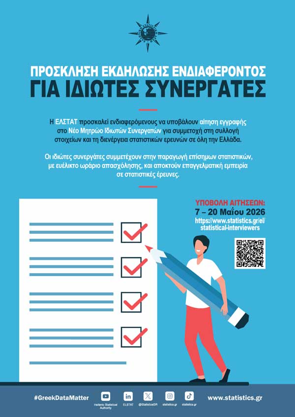 ΕΛΣΤΑΤ – Πρόσκληση εκδήλωσης ενδιαφέροντος για συμμετοχή στις διενεργούμενες Έρευνες (Μάιος – Δεκέμβριος 2026)