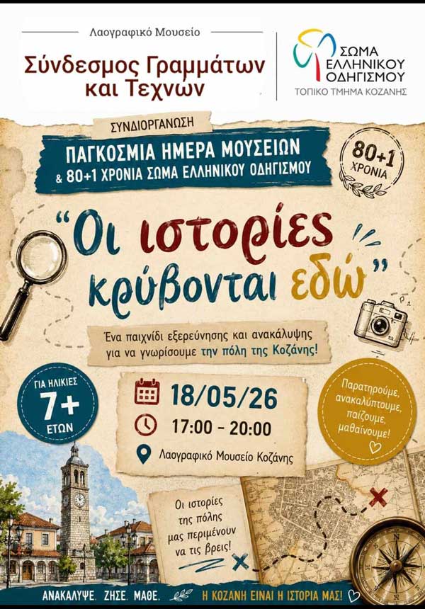 «Οι ιστορίες κρύβονται εδώ», ένα παιχνίδι εξερεύνησης και ανακάλυψης τη Δευτέρα 18 Μαΐου στο Λαογραφικό Μουσείο Κοζάνης