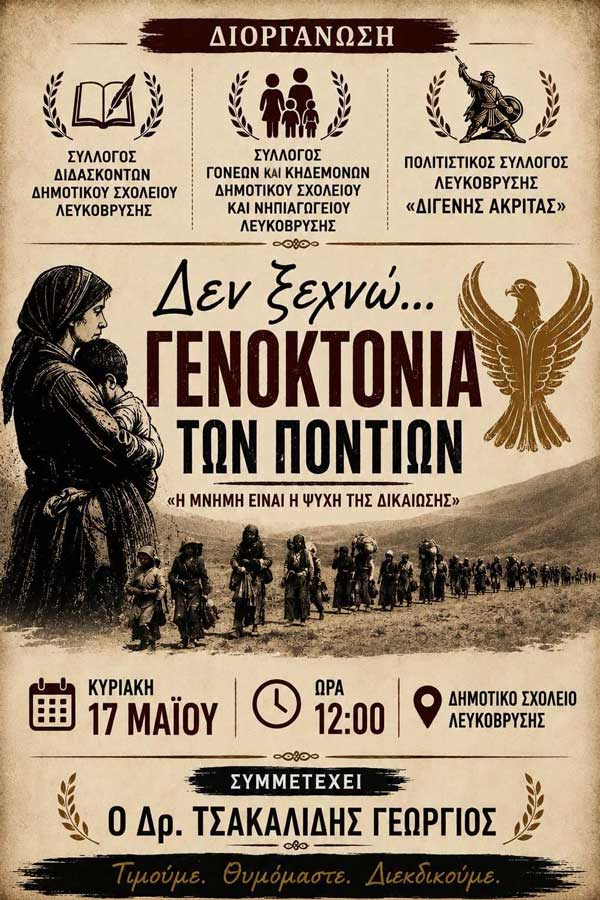 Εκδήλωση μνήμης αφιερωμένη στη Γενοκτονία των Ποντίων την Κυριακή 17 Μαΐου στη Λευκόβρυση