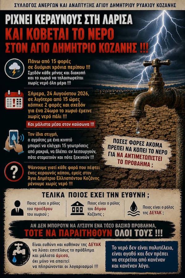 Ρίχνει κεραυνούς στη Λάρισα και κόβεται το νερό στον Άγιο Δημήτριο Κοζάνης