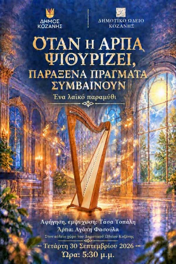 «Όταν η άρπα ψιθυρίζει, παράξενα πράγματα συμβαίνουν» | Τετάρτη 30 Σεπτεμβρίου, στον αύλειο χώρο του Δημοτικού Ωδείου Κοζάνης