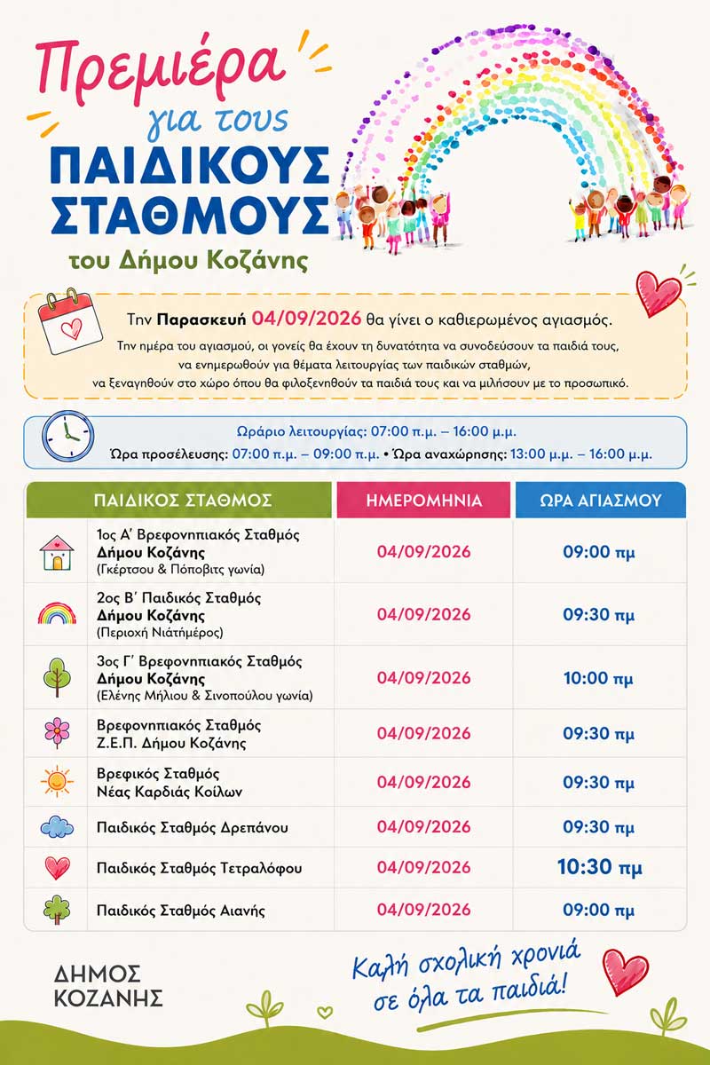 Πρεμιέρα την Παρασκευή 4 Σεπτεμβρίου για τους Παιδικούς Σταθμούς του Δήμου Κοζάνης