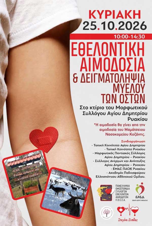 Αιμοδοσία στο κτίριο του Μορφωτικού Συλλόγου Αγίου Δημητρίου-Ρυακίου