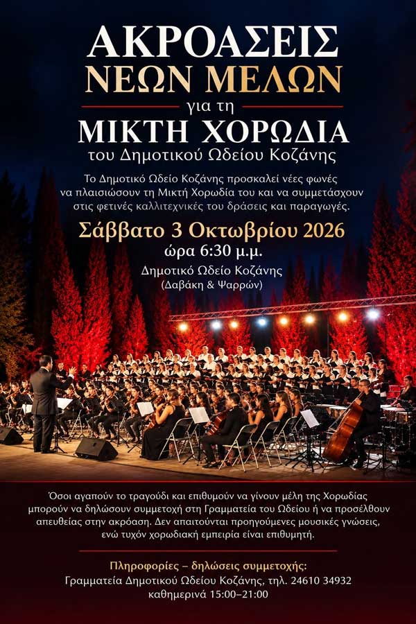 Ακροάσεις νέων μελών για τη Μικτή Χορωδία του Δημοτικού Ωδείου Κοζάνης