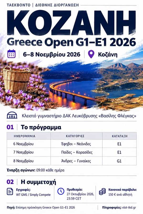 Η Κοζάνη υποδέχεται το Greece Open G1–E1 στις 6–8 Νοεμβρίου